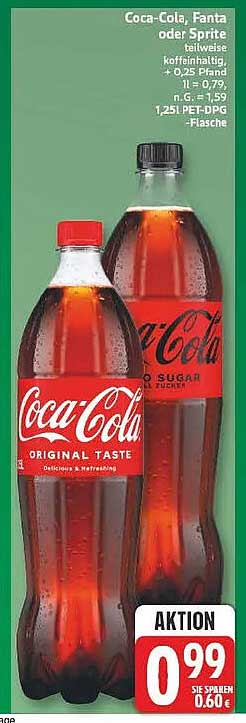 Coca-Cola, Fanta oder Sprite teilweise koffeinhaltig + 0,25 Pfand 1l = 0,79 1l, 0,79 1,25l PET-DPG-Flasche