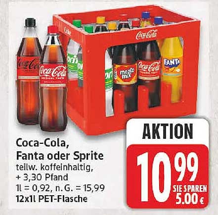 Coca-Cola, Fanta oder Sprite teilweise koffeinhaltig, + 3,30 Pfand 12x1l PET-Flasche