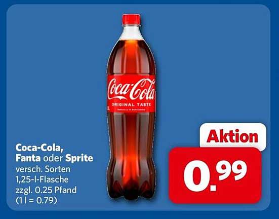 Coca-Cola, Fanta oder Sprite versch. Sorten 1,25-l-Flasche zzgl. 0.25 Pfand (1 l = 0.79)