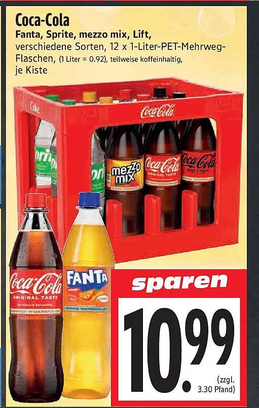 Coca-Cola Fanta, Sprite, mezzo mix, Lift, verschiedene Sorten, 12 x 1-Liter-PET-Mehrweg-Flaschen, (1 Liter = 0.92), teilweise koffeinhaltig, je Kiste