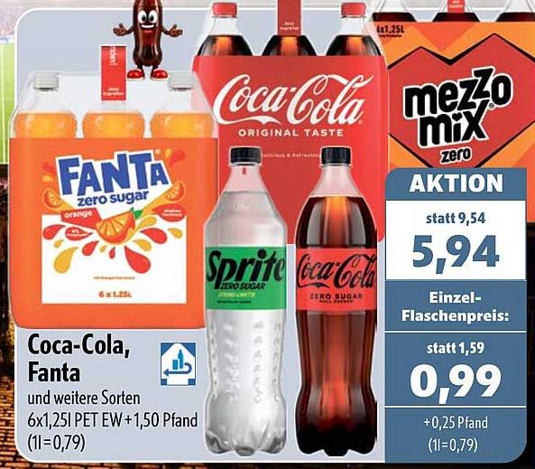 Coca-Cola, Fanta und weitere Sorten 6x1,25l PET EW +1,50 Pfand