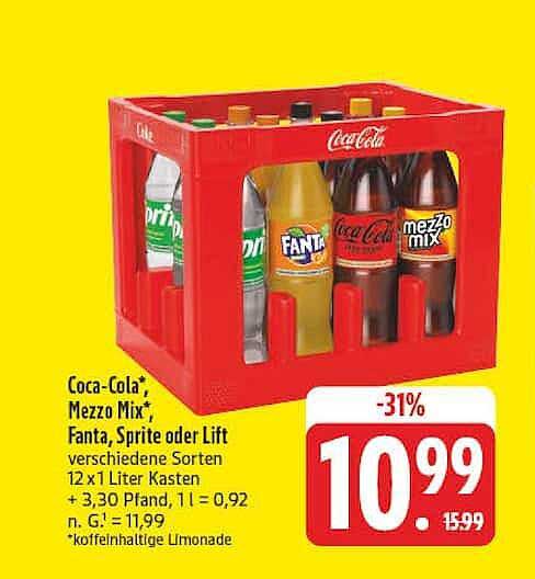 Coca-Cola*, Mezzo Mix*, Fanta, Sprite oder Lift verschiedene Sorten 12 x 1 Liter Kasten + 3,30 Pfand, 1 l = 0,92 n. G. = 11,99 *koffeinhaltige Limonade