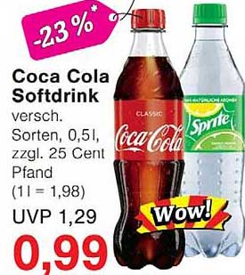 Coca Cola Softdrink versch. Sorten, 0,5 l, zzgl. 25 Cent Pfand (1 l = 1,98) UVP 1,29
