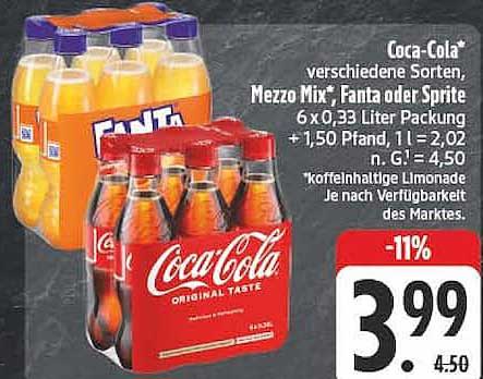 Coca-Cola* verschiedene Sorten, Mezzo Mix*, Fanta oder Sprite 6 x 0,33 Liter Packung + 1,50 Pfand, 1 l = 2,02 n. G.: 4,50