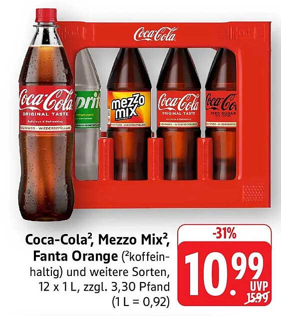 Coca-Cola², Mezzo Mix², Fanta Orange (koffein-haltig) und weitere Sorten, 12 x 1 L, zzgl. 3,30 Pfand (1 L = 0,92)