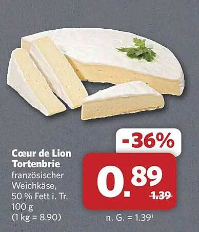 Coeur de Lion Tortenbrie französischer Weichkäse, 50 % Fett i. Tr. 100 g (1 kg = 8.90)
