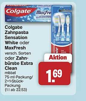 Colgate Zahnpasta Sensation White oder MaxFresh vers. Sorten oder Zahnbürste Extra Clean mittel 75-ml-Packung/ 2+1-Stück-Packung (1 l ab 22.53)