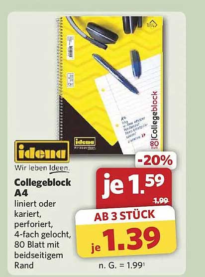 Collegeblock A4 liniert oder kariert, perforiert, 4-fach gelocht, 80 Blatt mit beidseitigem Rand