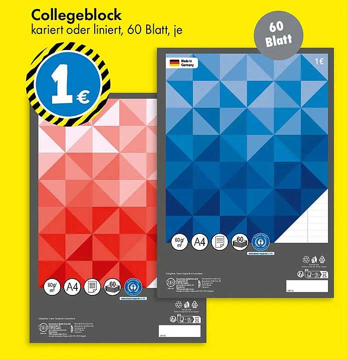 Collegeblock kariert oder liniert, 60 Blatt, je