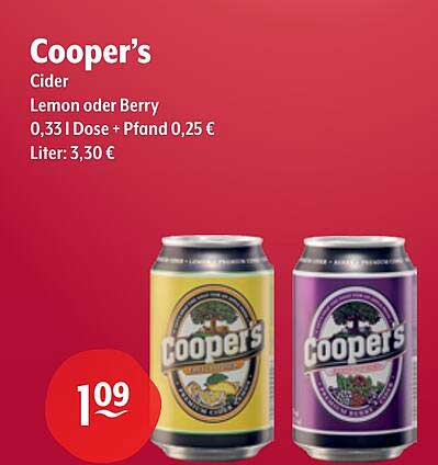 Cooper’s Cider Lemon oder Berry 0,33 l Dose + Pfand 0,25 € Liter: 3,30 €