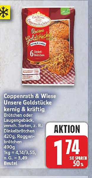 Coppenrath & Wiese Unsere Goldstücke kernig & kräftig Brötchen oder Laugengebäck, versch. Sorten, z. B. Dinkelbrötchen 420g, Roggenbrötchen 490g, 1 kg = 4,14/3,55, n. G. = 3,49 Beutel