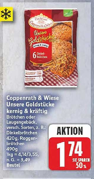 Coppenrath & Wiese Unsere Goldstücke kernig & kräftig Brötchen oder Laugengebäck, versch. Sorten, z. B.: Dinkelbrötchen 420g, Roggenbrötchen 490g, 1kg = 4,14/3,55, n. G. = 3,49, Beutel