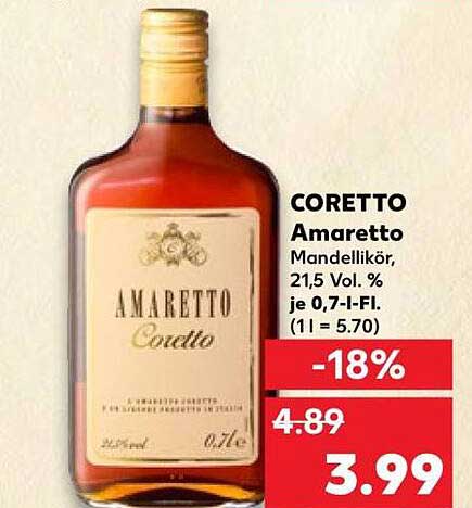 CORETTO Amaretto Mandellikör, 21,5 Vol. % je 0,7-l-Fl. (1 l = 5.70)