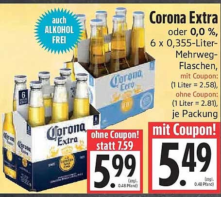 Corona Extra oder 0,0 %, 6 x 0,355-Liter-Mehrweg-Flaschen, mit Coupon!