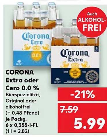 CORONA Extra oder Cero 0.0 % Bierspezialität, Original oder alkoholfrei (+ 0.48 Pfand) je Packg. 6 x 0,355-l-Fl. (1 l = 2.82)