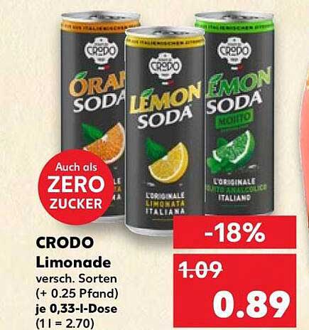 CRODO Limonade versch. Sorten (+ 0.25 Pfand) je 0.33-l-Dose (1 l = 2.70)
