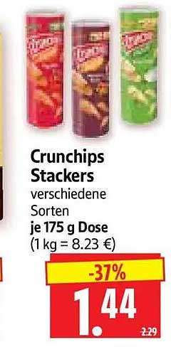 Crunchips Stackers verschiedene Sorten je 175 g Dose (1 kg = 8.23 €)