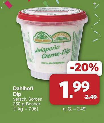 Dahlhoff Dip versch. Sorten 250-g-Becher (1 kg = 7,96)