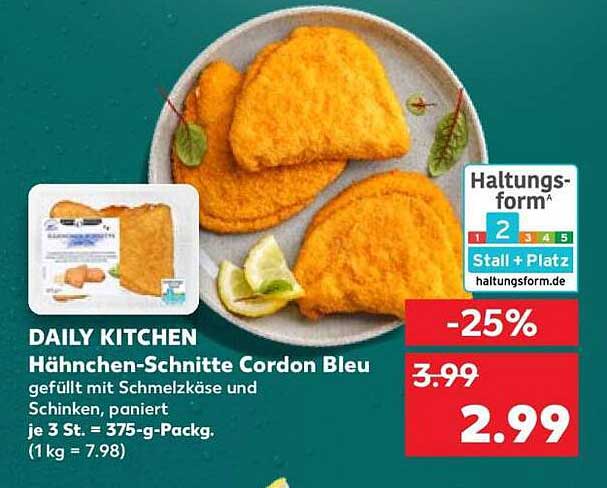 DAILY KITCHEN Hähnchen-Schnitte Cordon Bleu gefüllt mit Schmelzkäse und Schinken, paniert je 3 St. = 375-g-Pack. (1 kg = 7.98)
