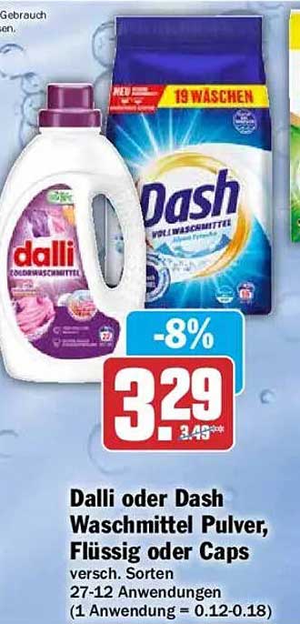 Dalli oder Dash Waschmittel Pulver, Flüssig oder Caps versch. Sorten 27-12 Anwendungen (1 Anwendung = 0.12-0.18)