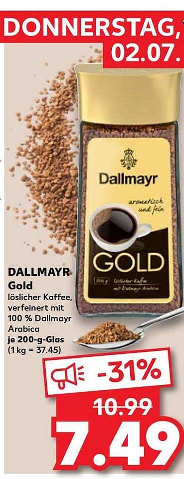 DALLMAYR Gold löslicher Kaffee, verfeinert mit 100 % Dallmayr Arabica je 200-g-Glas (1 kg = 37.45)