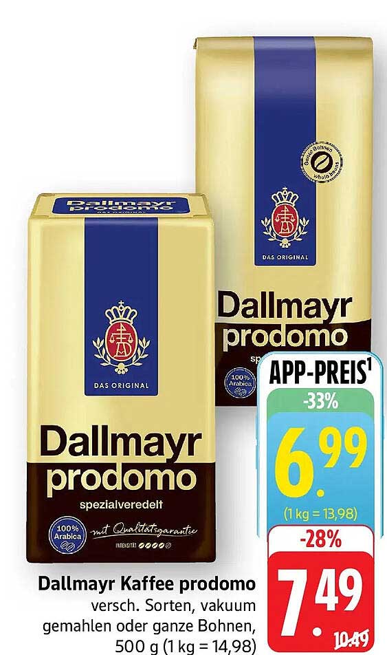 Dallmayr Kaffee prodomo versch. Sorten, vakuum gemahlen oder ganze Bohnen, 500 g (1 kg = 14,98)