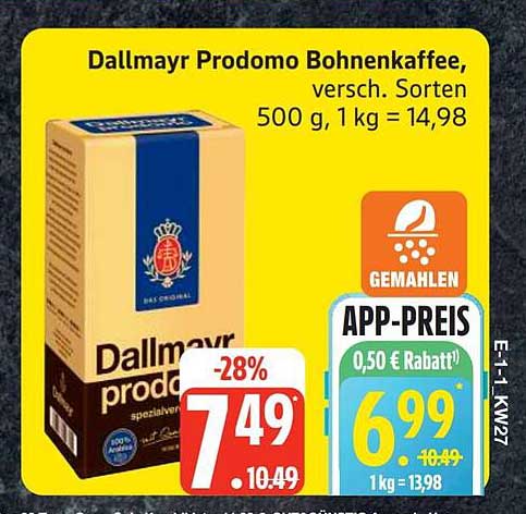 Dallmayr Prodomo Bohnenkaffee, versch. Sorten 500 g, 1 kg = 14,98
