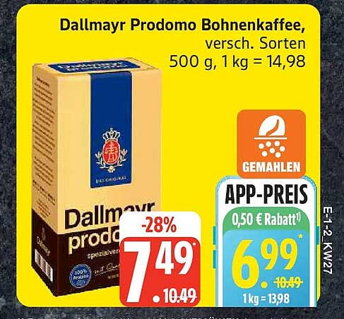 Dallmayr Prodomo Bohnenkaffee, versch. Sorten 500 g, 1 kg = 14,98