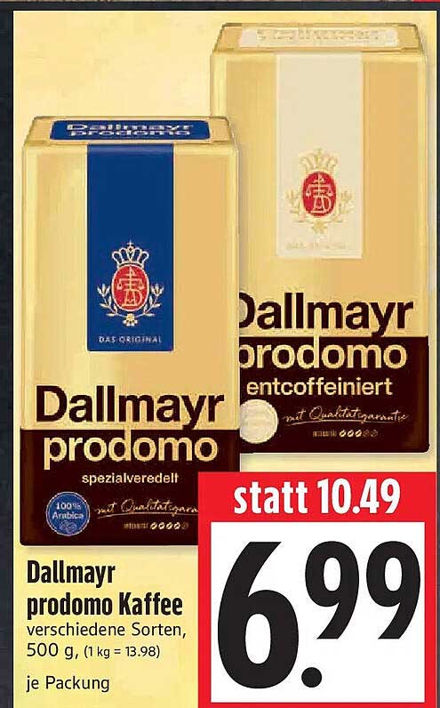 Dallmayr prodomo Kaffee verschiedene Sorten, 500 g. (1 kg = 13.98) je Packung