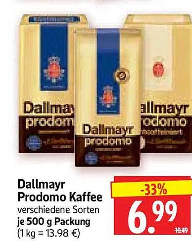 Dallmayr Prodomo Kaffee verschiedene Sorten je 500 g Packung (1 kg = 13.98 €)