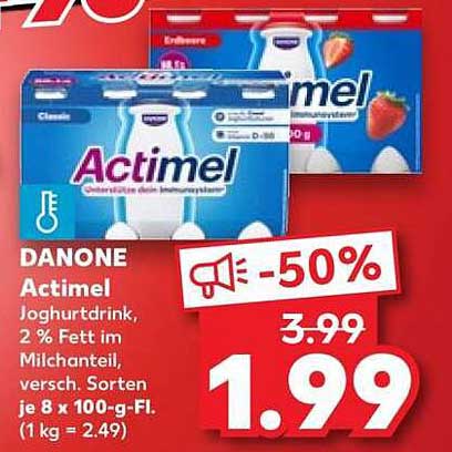 Danone Actimel Joghurtdrink, 2 % Fett im Milchanteil, versch. Sorten je 8 x 100-g-Fl. (1 kg = 2.49)