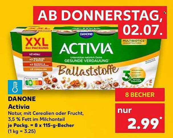 DANONE Activia Natur, mit Cerealien oder Frucht, 3,5 % Fett im Milchanteil je Packg. = 8 x 115-g-Becher (1 kg = 3.25)