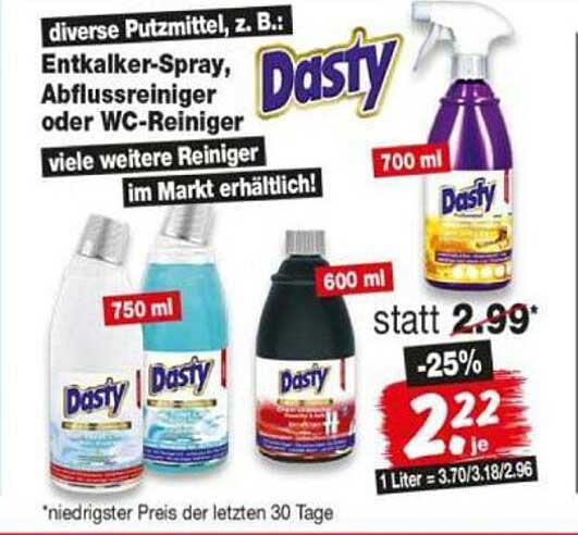 Dasty diverse Putzmittel, z. B. Entkalker-Spray, Abflussreiniger oder WC-Reiniger