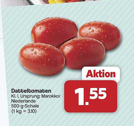 Datteltomaten Kl. I, Ursprung: Marokko/Niederlande 500-g-Schale (1 kg = 3.10)
