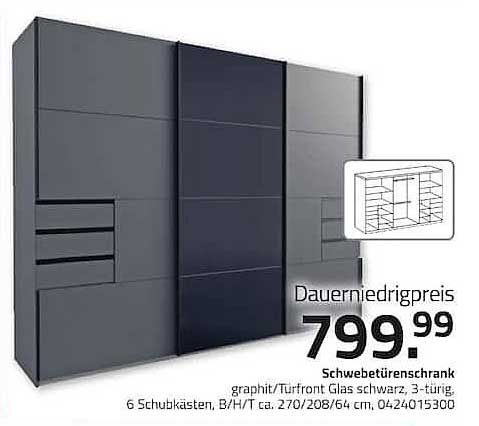Dauerniedrigpreis 799,99 Schwebetürenschrank graphite/Türfront Glas schwarz, 3-türig, B/H/T ca. 270/208/64 cm, 0424015300