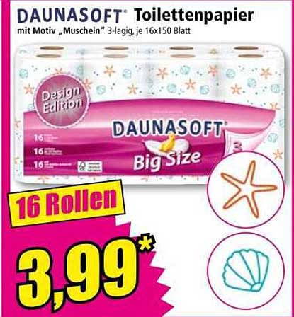 DAUNASOFT Toilettenpapier mit Motiv „Muscheln“ 3-lagig, je 16x150 Blatt