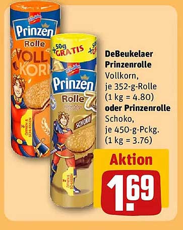 DeBeukelaer Prinzenrolle Vollkorn, je 352-g-Rolle (1 kg = 4.80) oder Prinzenrolle Schoko, je 450-g-Pckg. (1 kg = 3.76)