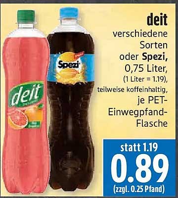 deit verschiedene Sorten oder Spezi, 0,75 Liter, (1 Liter = 1.19), teilweise koffeinhaltig, je PET-Einwegpfand-Flasche