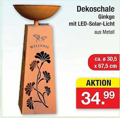 Dekoschale Ginkgo mit LED-Solar-Licht aus Metall