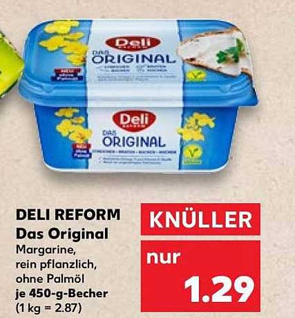 DELI REFORM Das Original Margarine, rein pflanzlich, ohne Palmöl, je 450-g-Becher (1 kg = 2.87)