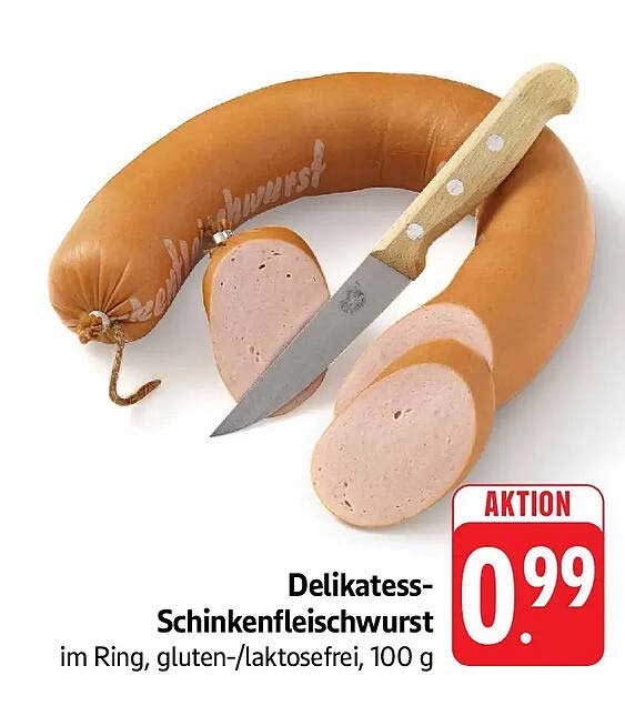 Delikatess-Schinkenfleischwurst im Ring, gluten-/laktosefrei, 100 g
