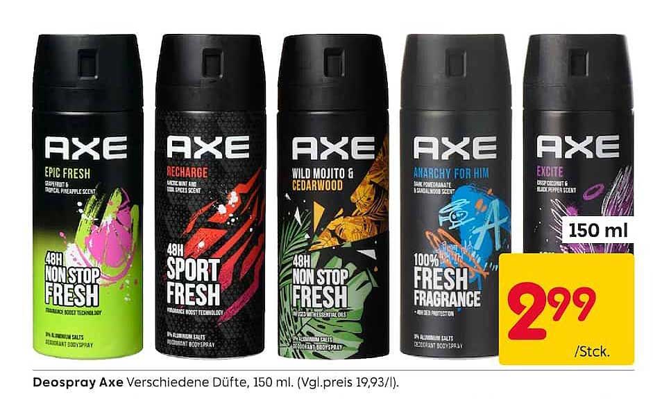 Deospray Axe Verschiedene Düfte, 150 ml. (Vgl.preis 19,93/l).