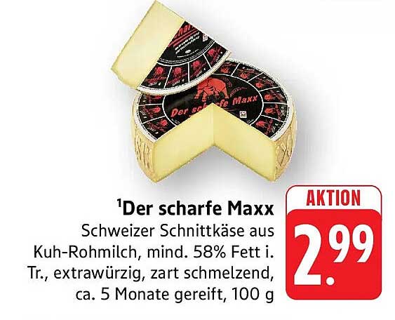 Der scharfe Maxx Schweizer Schnittkäse aus Kuh-Rohmilch, mind. 58% Fett i. Tr., extrawürzig, zart schmelzend, ca. 5 Monate gereift, 100 g