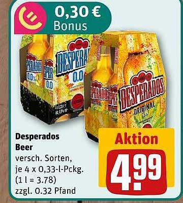 Desperados Bier versch. Sorten, je 4 x 0,33-l-Pckg. (1 l = 3.78) zzgl. 0.32 Pfand