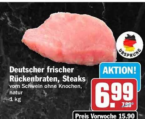 Deutscher frischer Rückenbraten, Steaks vom Schwein ohne Knochen, natur 1 kg