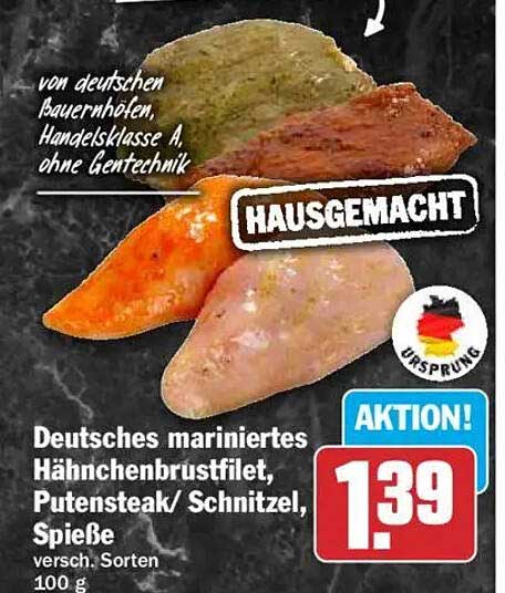 Deutsches mariniertes Hähnchenbrustfilet, Putensteak/ Schnitzel, Spieße