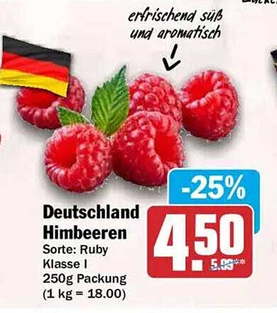 Deutschland Himbeeren Sorte: Ruby Klasse I 250g Packung (1 kg = 18.00)