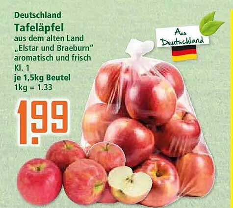 Deutschland Tafeläpfel aus dem alten Land „Elstar und Braeburn“ aromatisch und frisch Kl. 1 je 1,5kg Beutel 1kg = 1.33