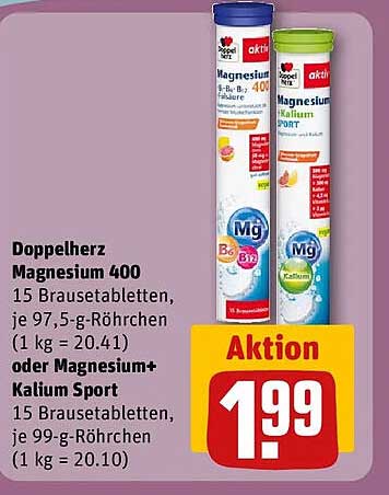 Doppelherz Magnesium 400 15 Brausetabletten, je 97,5-g-Röhrchen (1 kg = 20.41) oder Magnesium+ Kalium Sport 15 Brausetabletten, je 99-g-Röhrchen (1 kg = 20.10)