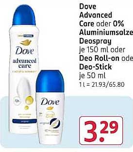 Dove Advanced Care oder 0% Aluminiumsalze Deospray je 150 ml oder Deo Roll-on oder Deo-Stick je 50 ml
